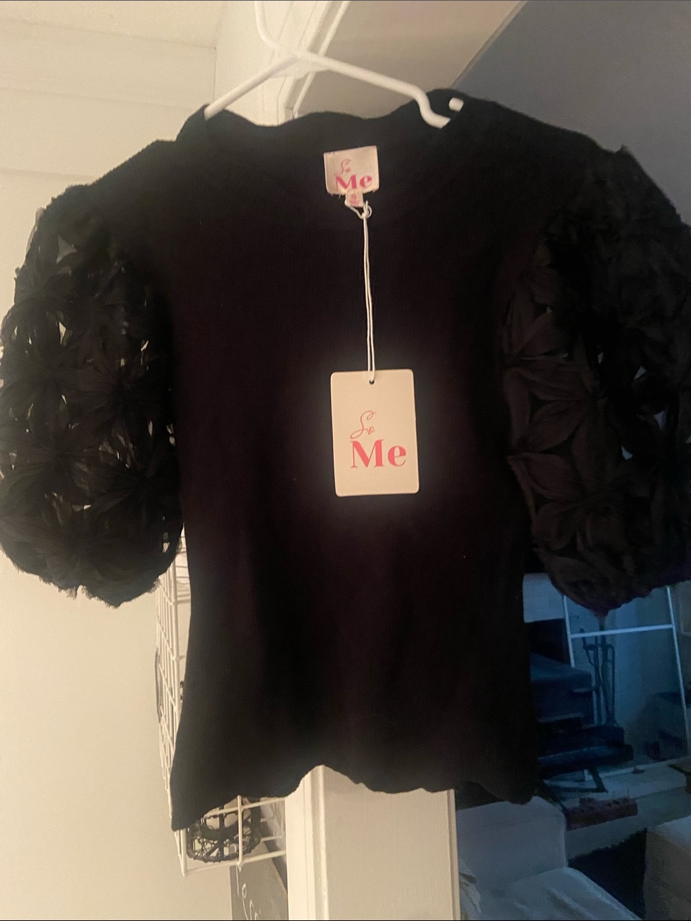 So Me Black Puff-Sleeve Knit Top with Textured Sleeves